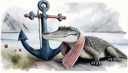 Fotobehang aquarell, krokodil mit schal, anker, meer © jeepbabes
