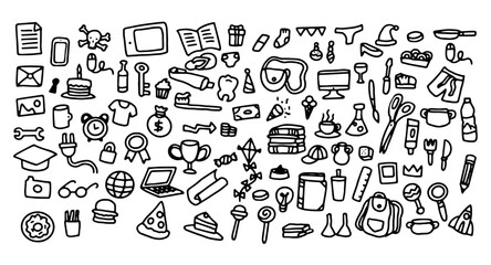 Back to school and home office doodle elements and drawings for students. Hand drawn on isolated background. School supplies, laptop, tech  and creative elements. Vector illustration.