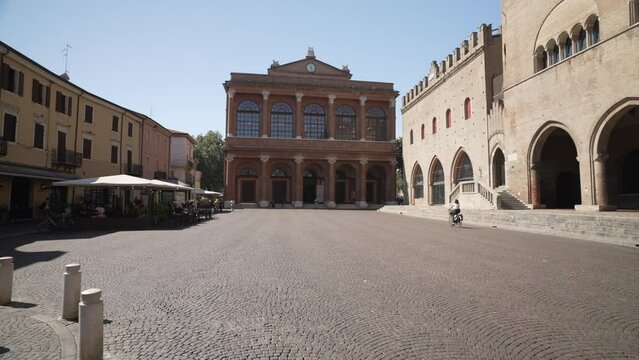 View of Palazzi dell Arte Rimini, Amintore Galli Theatre and Vecchia Pescheria in Piazza Cavour, Rimini, Emilia Romagna, Italy