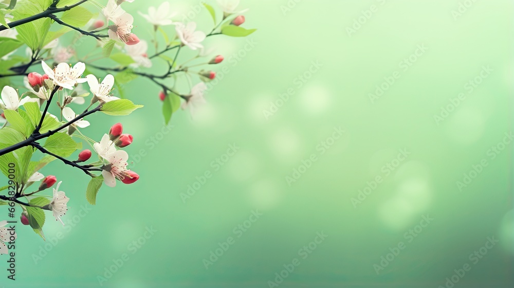 Poster a branch of a tree with white and red flowers on it. generative ai