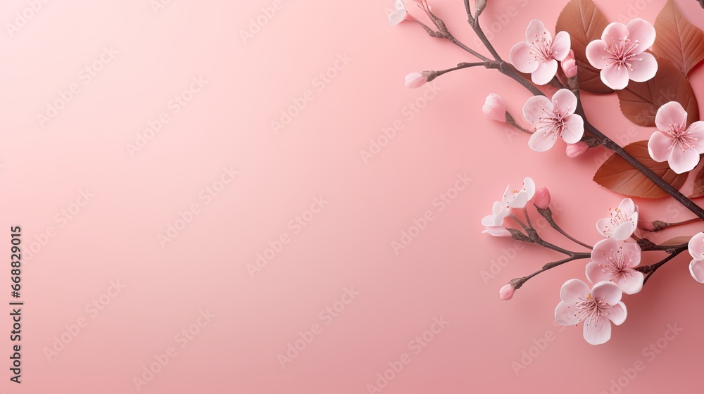Poster a pink background with a branch of a blossoming tree. generative ai