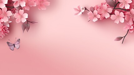  a pink background with pink flowers and a butterfly on it.  generative ai