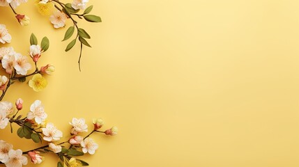  a yellow background with white and yellow flowers and leaves on it. generative ai