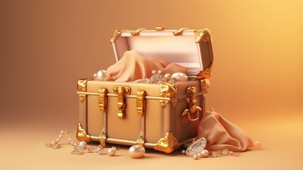  a gold suitcase with pearls and pearls on a gold background.  generative ai