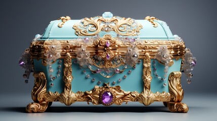 a blue and gold jewelry box with a purple jewel on it.  generative ai - obrazy, fototapety, plakaty