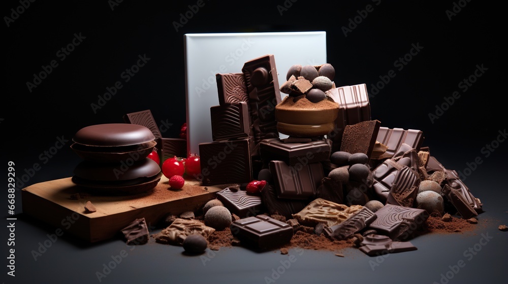 Poster a pile of assorted chocolates sitting next to a box. generative ai