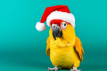 Fototapeta premium Cute little festive parrot wearing a Father Christmas santa hat