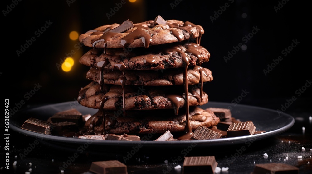 Poster a stack of cookies with chocolate drizzled on top. generative ai