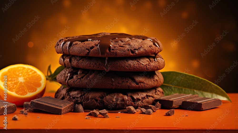 Poster a stack of cookies sitting on top of a table next to a slice of orange. generative ai