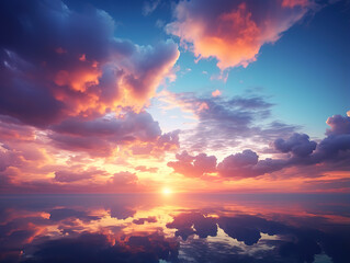 Sunset sky, evening clouds background, and water reflection on the sea. Generative Ai
