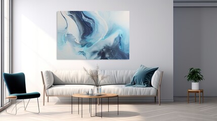  a living room with a white couch and a painting on the wall.  generative ai