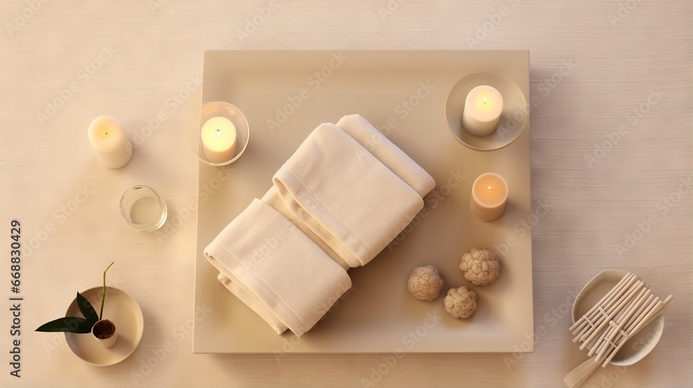 Poster a table with a tray of food and candles on it. generative ai