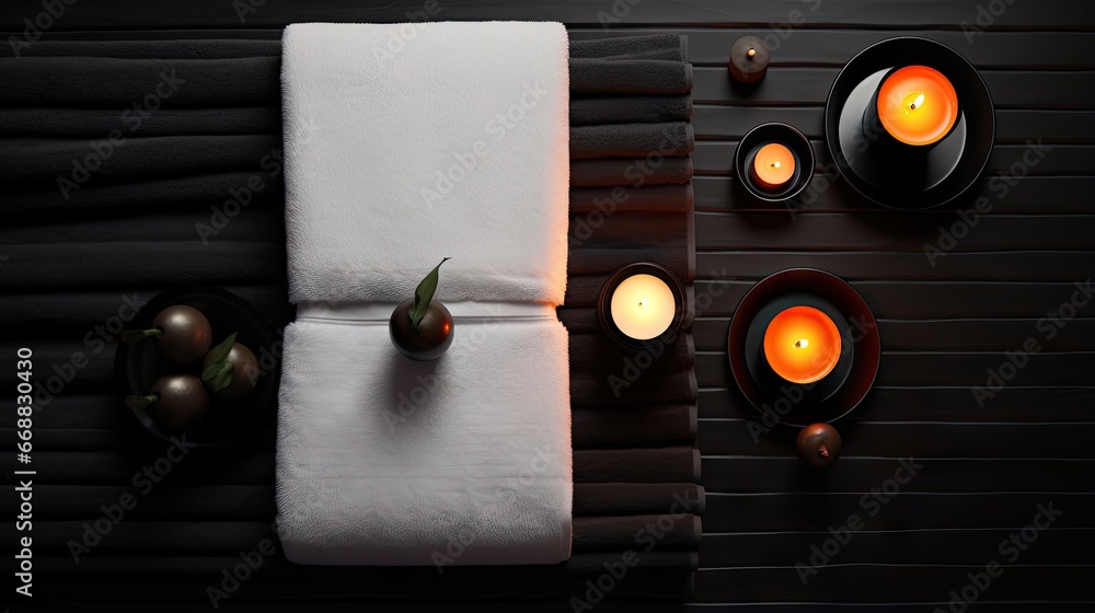 Poster a table with candles and a white towel on top of it. generative ai
