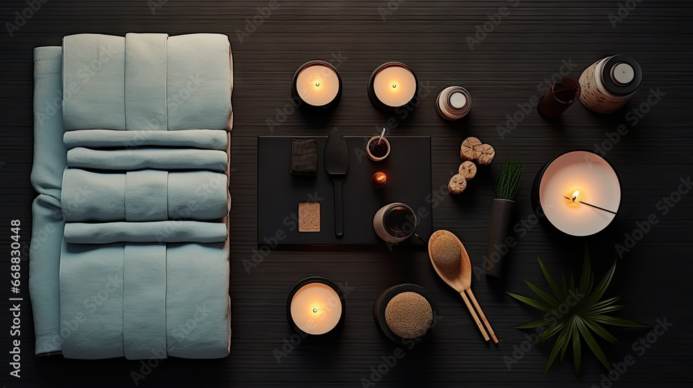 Poster a table topped with candles and a tray filled with candles. generative ai
