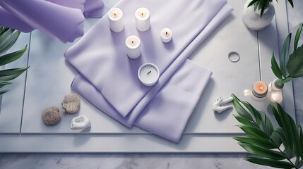  a table topped with candles and a purple cloth next to plants.  generative ai