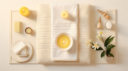  a tray with candles, plates, and napkins on it.  generative ai