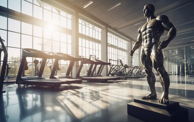 Modern Gym Room Fitness Center With Equipment And Machines. A greek inspired metal luxury masculine sculpture in the foreground to enhance motivation.