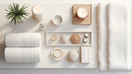  a white table topped with lots of white towels and candles.  generative ai