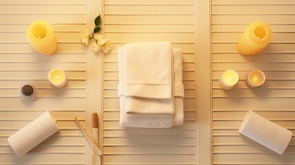  a towel, candles, and other items are arranged on a wall.  generative ai