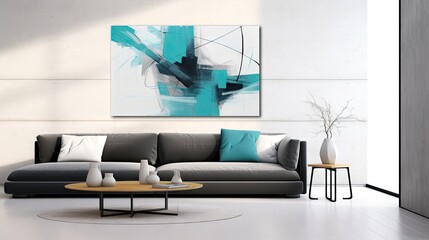  a living room with a couch, table and a painting on the wall.  generative ai