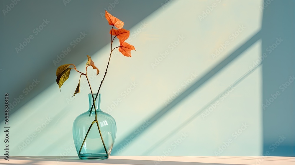 Poster a blue vase with a single flower in it on a table. generative ai