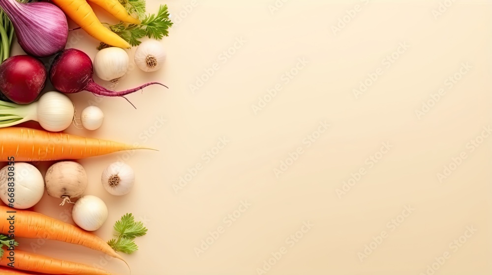 Poster a group of vegetables are arranged on a white background with a place for a text. generative ai