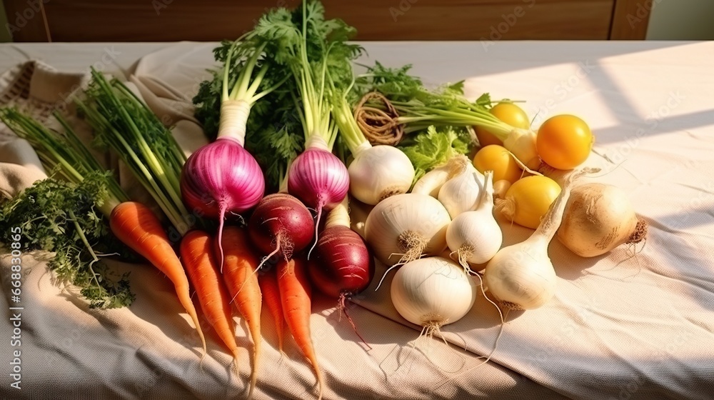 Poster a table topped with lots of different types of veggies. generative ai