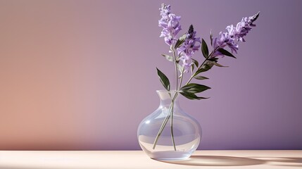  a glass vase with purple flowers in it on a table.  generative ai