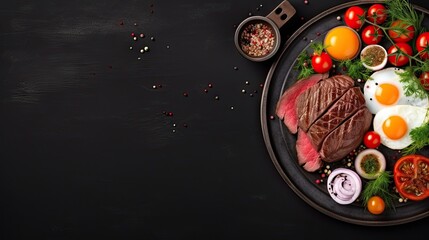  a plate of steak, eggs, tomatoes, and tomatoes.  generative ai