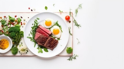  a white plate topped with steak and eggs next to broccoli.  generative ai