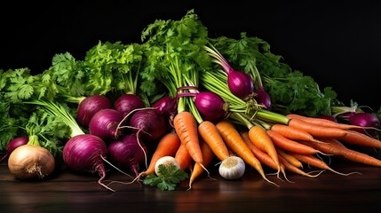  a pile of carrots, radishes, onions and lettuce.  generative ai