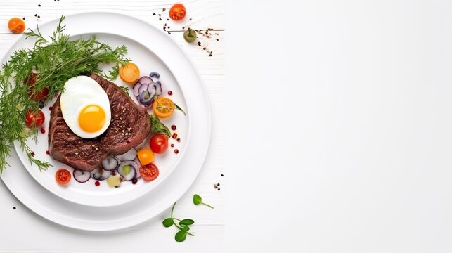 a steak with an egg on top of it on a white plate.  generative ai