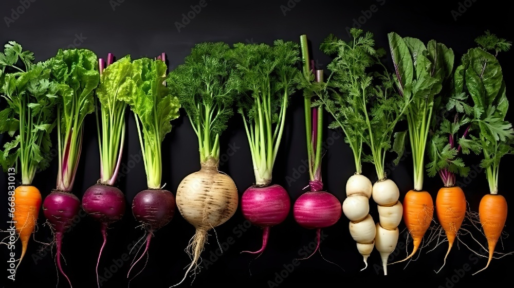 Poster  a group of different types of vegetables on a black background.  generative ai