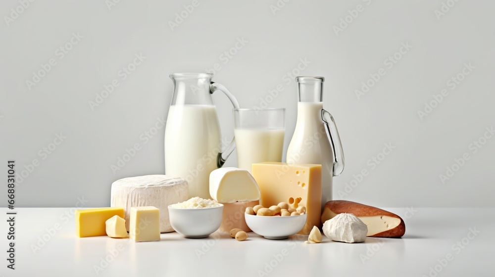 Poster a table topped with different types of cheeses and milk. generative ai