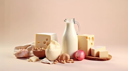 Fototapeta na wymiar a bottle of milk, a bowl of nuts, a bowl of cheese, and other food items. generative ai
