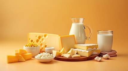  a variety of cheeses and milks on a plate.  generative ai