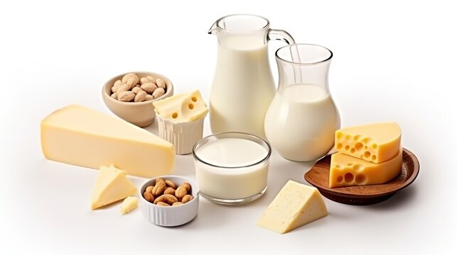  a variety of cheeses, milk, nuts and milk jugs.  generative ai