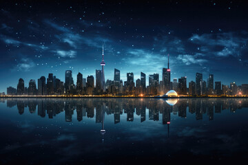 Fototapeta na wymiar Night modern city with reflection in a pond