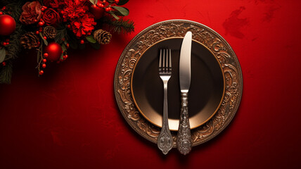 beautiful table setting with christmas decoration on red background - Powered by Adobe