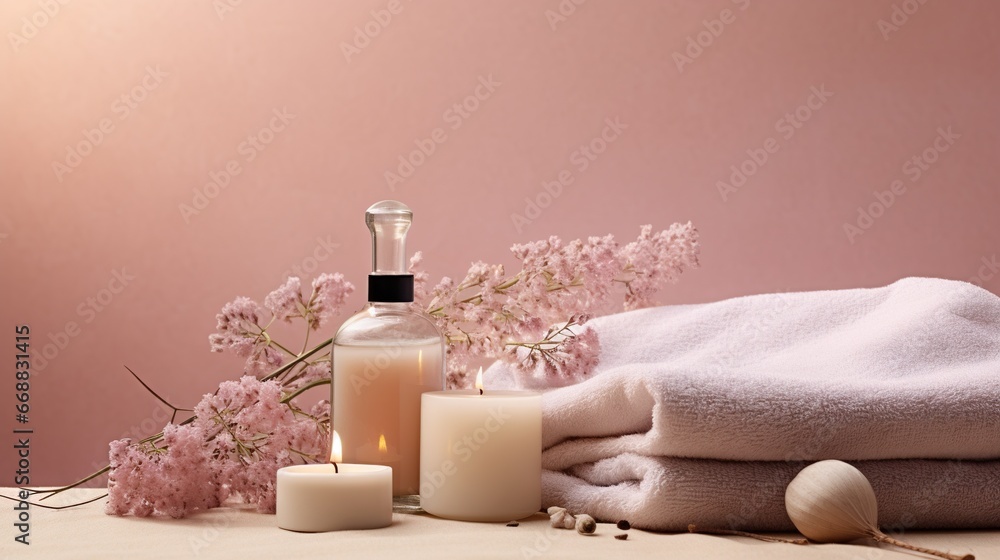 Poster a table topped with candles and towels next to a bottle. generative ai