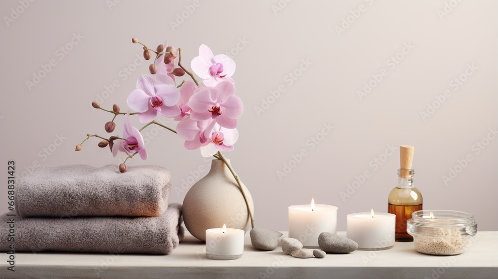 Poster a vase with flowers and candles on a table with towels. generative ai