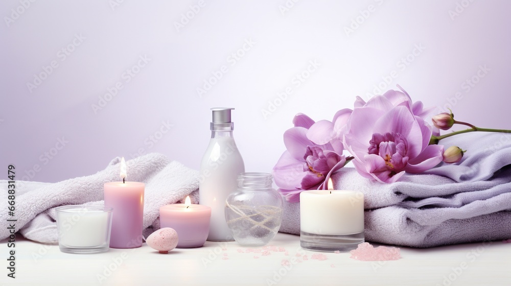 Poster a white table topped with candles and bottles filled with flowers. generative ai