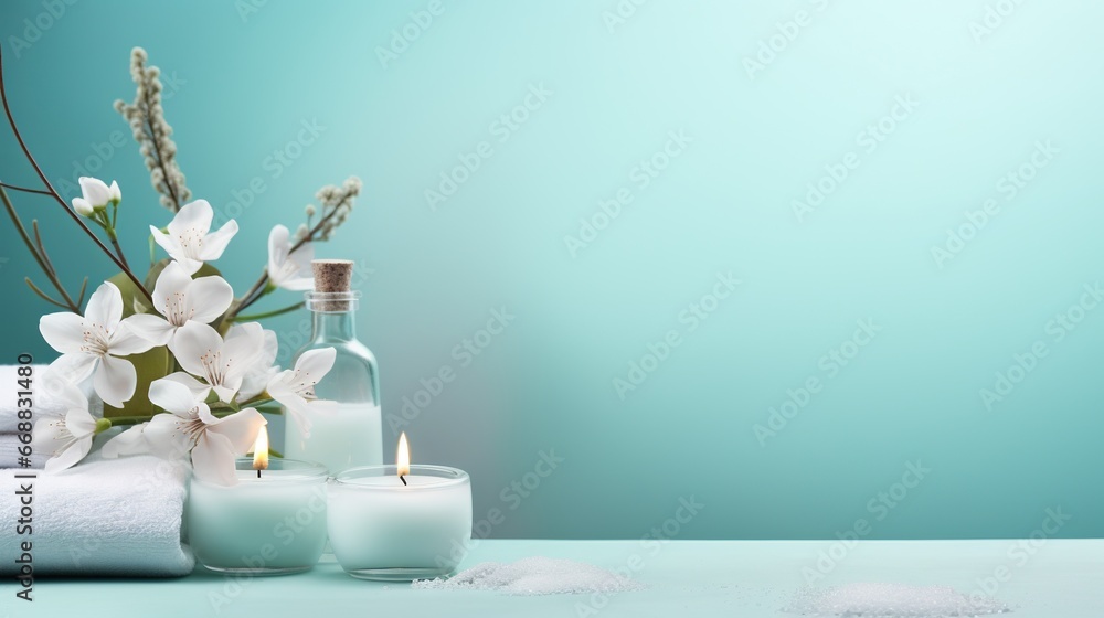 Poster a table topped with candles and a bottle filled with flowers. generative ai