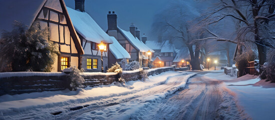 winter in an English village. AI generated.