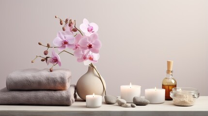  a vase with flowers and candles on a table with towels.  generative ai