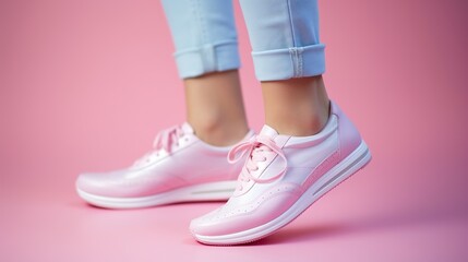 Female legs in pink sneakers on a pink background. Close-up.