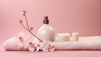Obraz na płótnie Canvas a bottle of lotion, a bottle of lotion, and a flower on a pink background. generative ai