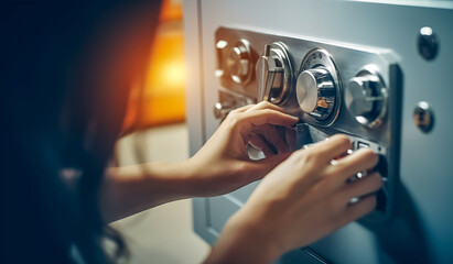 Woman unlocking a safe deposit box by turning a knob with numbers. Woman opens safe, combination lock