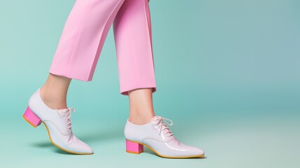 cropped view of woman in pink pants and white sneakers on mint background