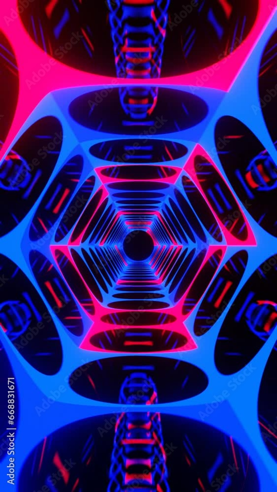 Poster hexagonal neon light tunnel motion graphics, looping animation of vertical screen design looping ani